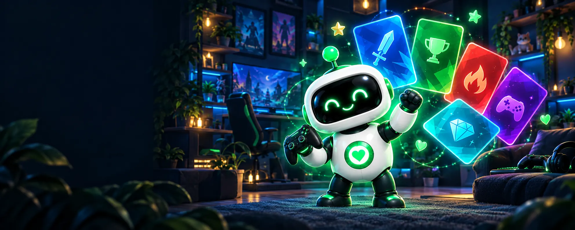 Crakey’s friendly white robot with green eyes in a softly lit gaming room